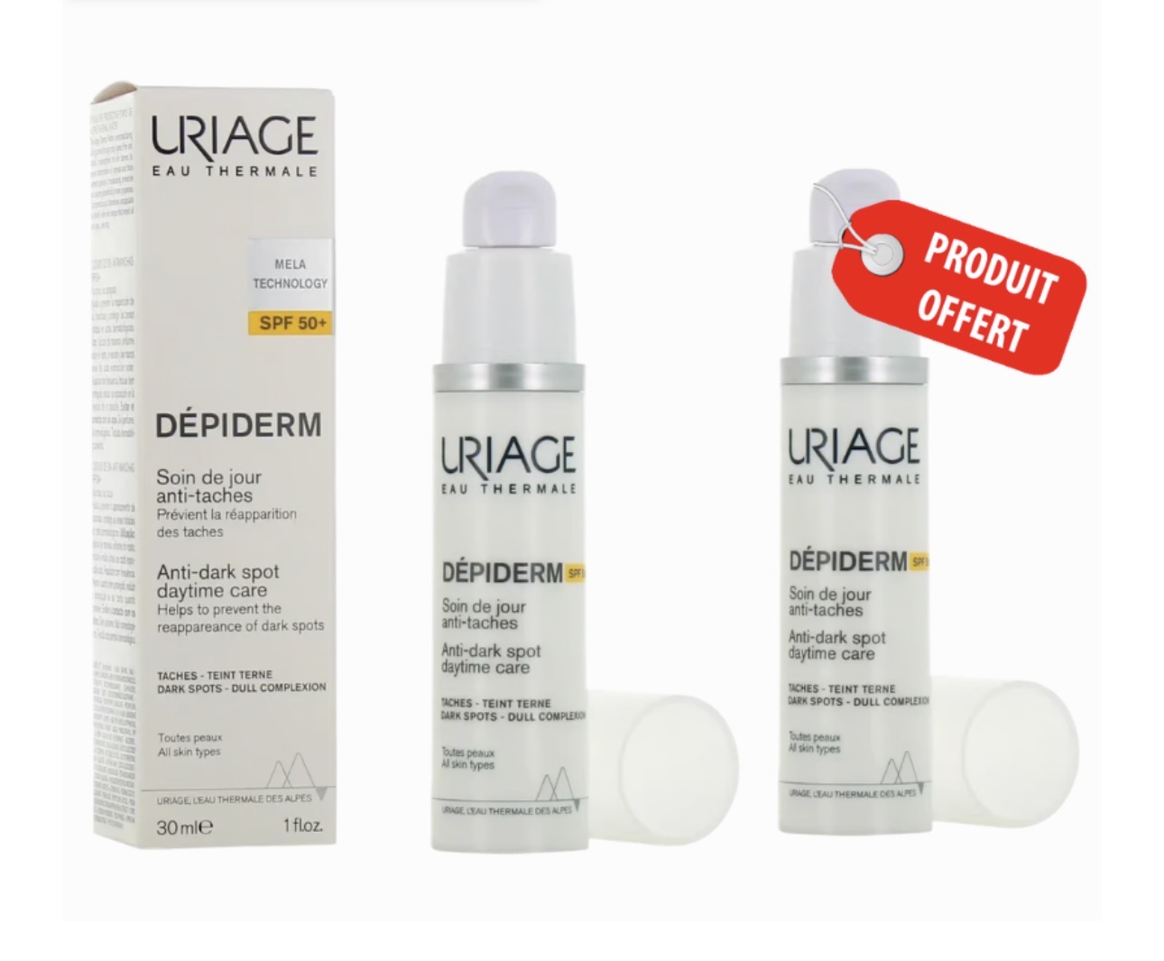 URIAGE DEPIDERM SOIN DE JOUR ANTI TACHES SPF50 30ML + (LE 2 EME OFFERT)